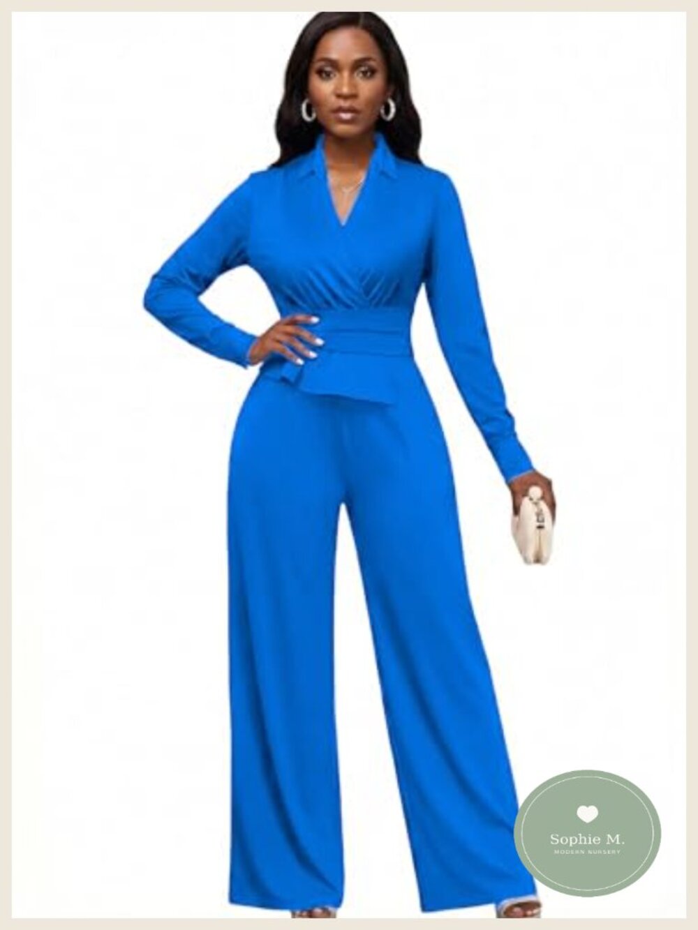 Women's Classic Shirt Collar V-Neck Peplum Jumpsuit Long Sleeve Wide Leg